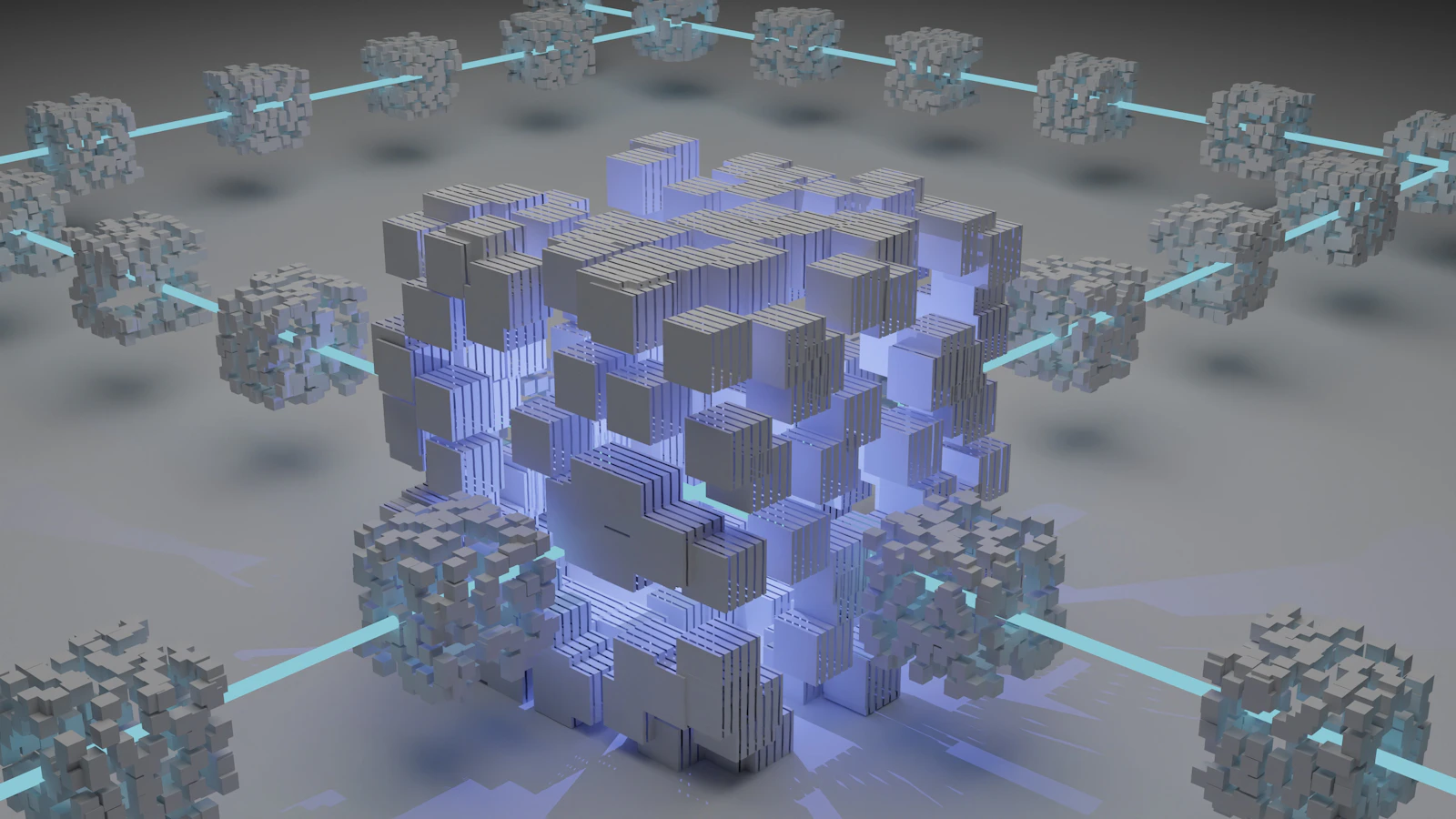 Abstract blue network of connected nodes representing a monitored digital perimeter